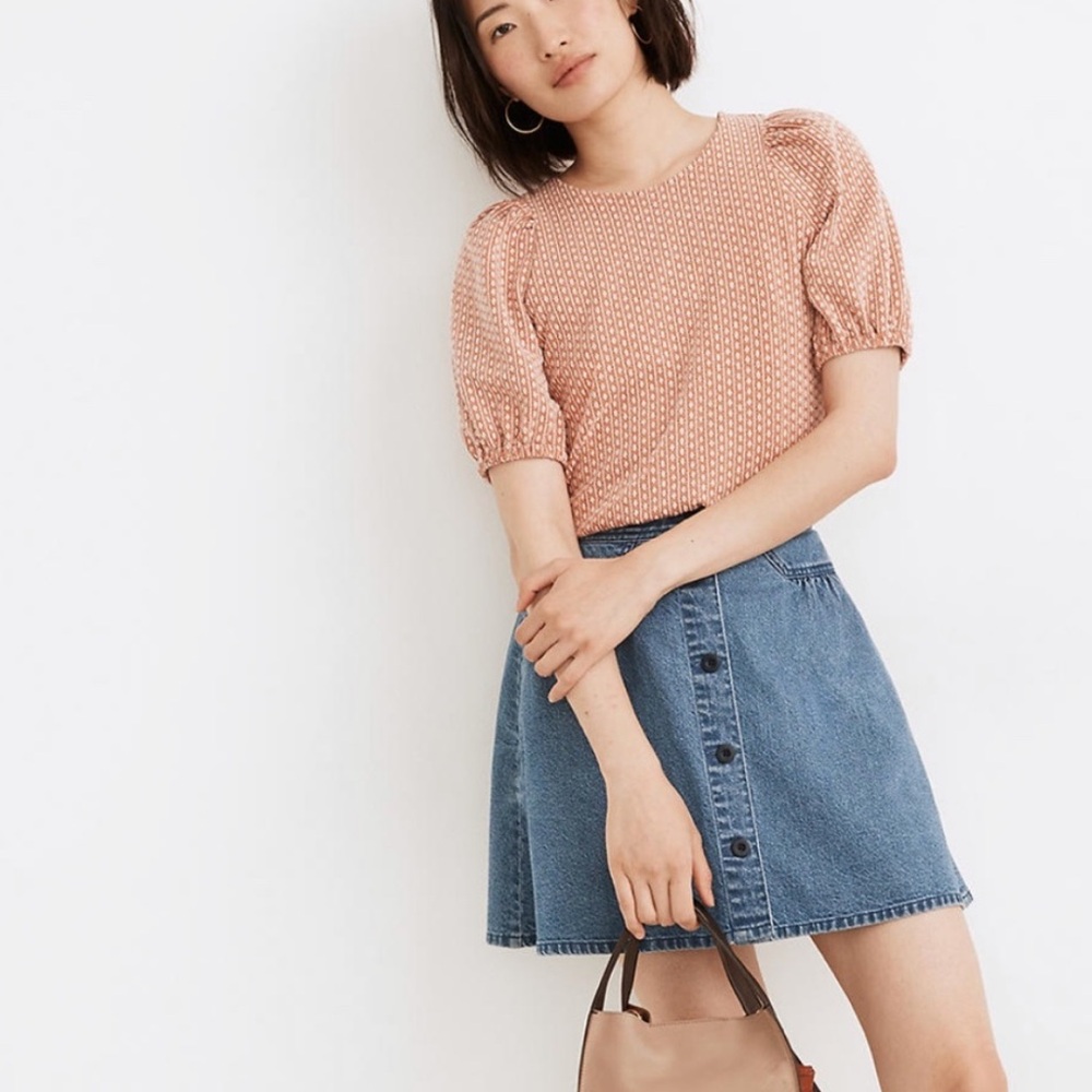 Madewell Floral Jacquard Puff Sleeve Tee Large Burnt Orange Pumpkin